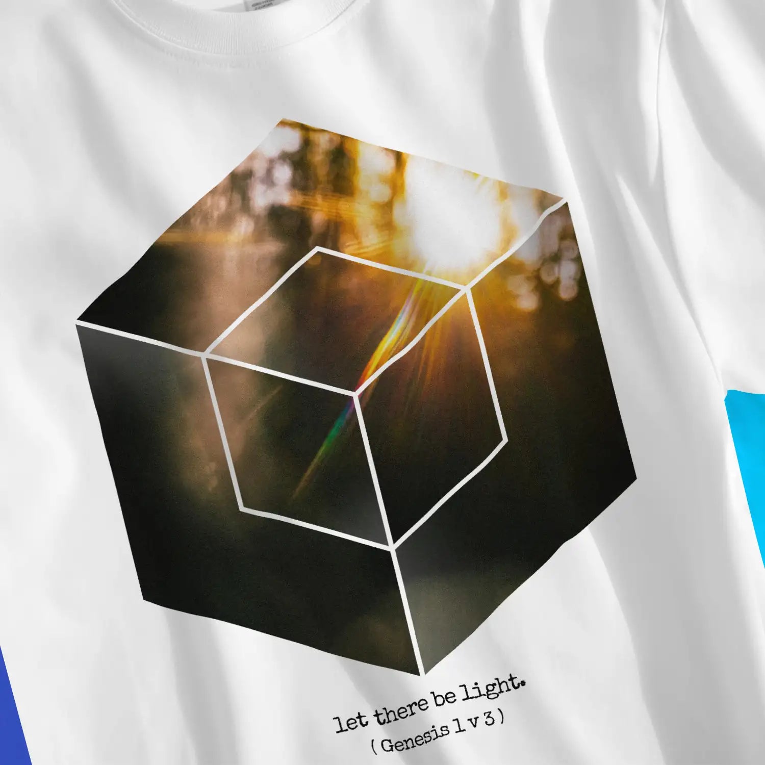 let there be light. (Genesis 1 v 3) | Premium Unisex Christian T-Shirt, laid flat, designed by 3rd Day Christian Clothing UK