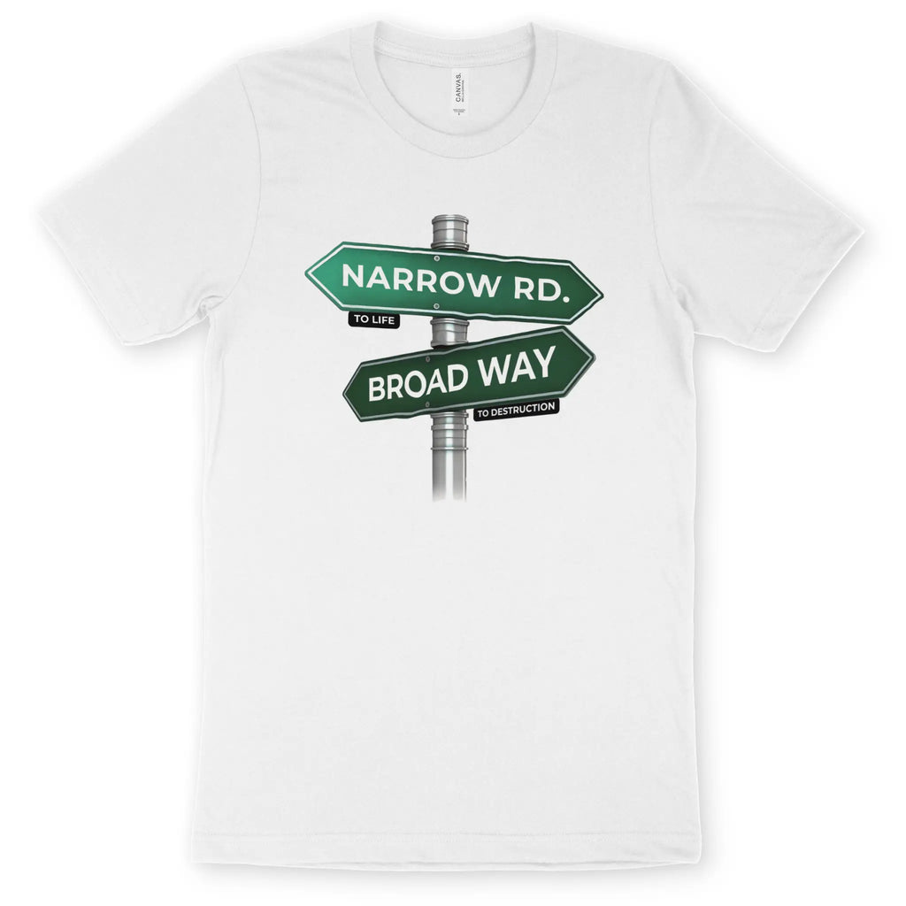 Narrow Rd. (White) – Unisex Christian T-Shirt designed by 3rd Day Christian Clothing.