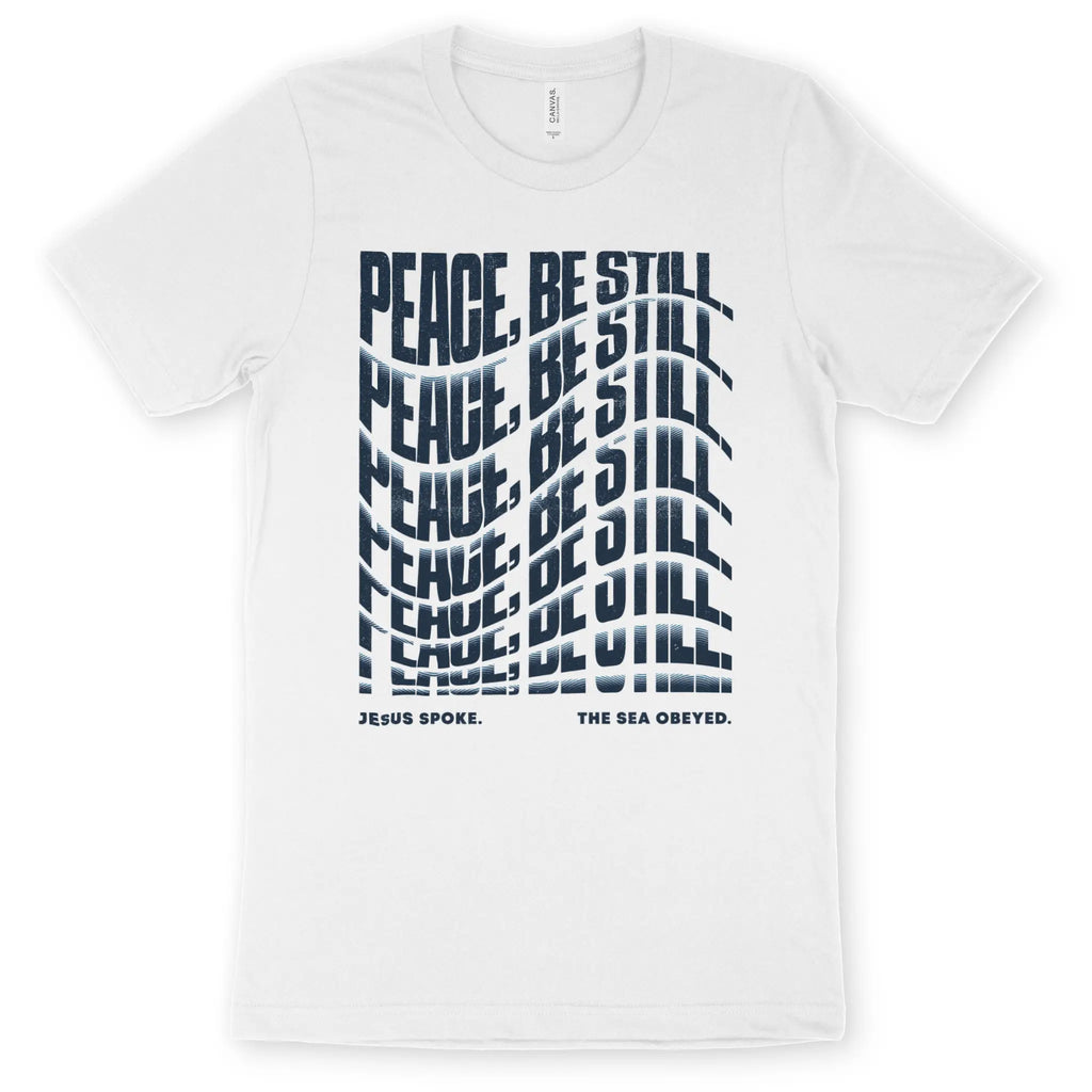 Peace, Be Still. (Wavy, White) – Unisex Christian T-Shirt