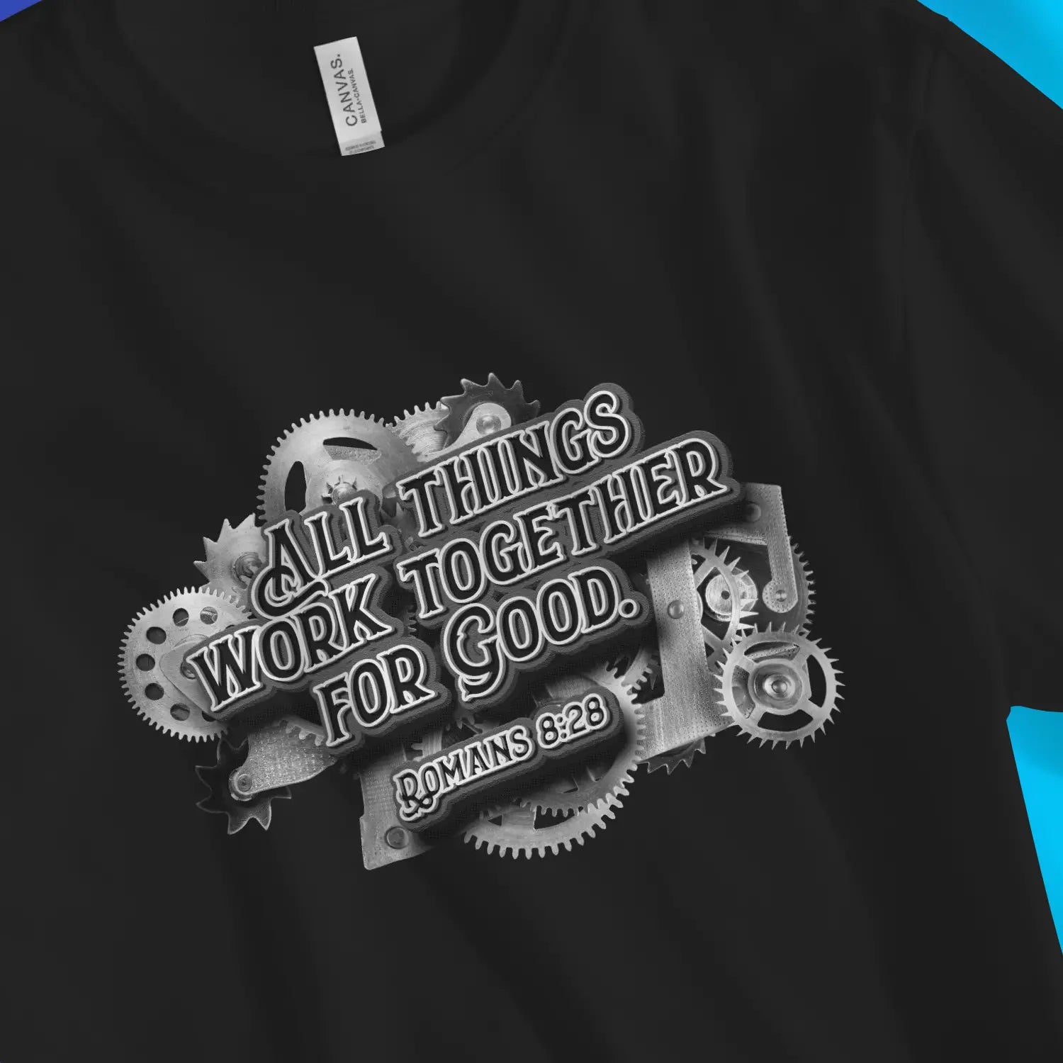 Romans 8:28 (Mechanical) - Silver – Unisex Christian T-Shirt designed by 3rd Day Christian Clothing.