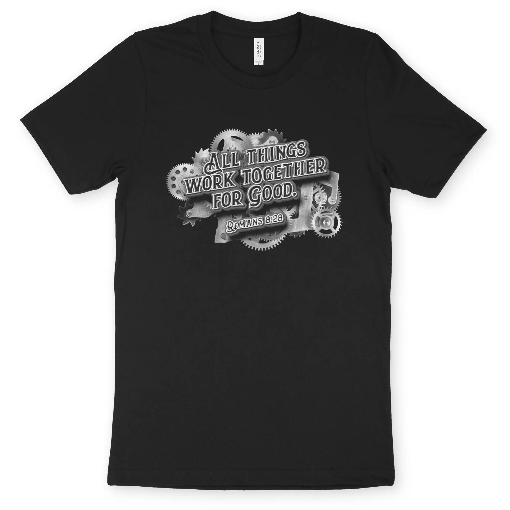 Romans 8:28 (Mechanical) - Silver – Unisex Christian T-Shirt designed by 3rd Day Christian Clothing.