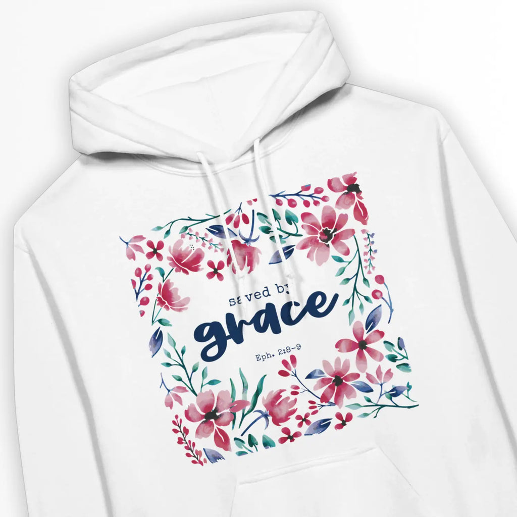 Saved By Grace (Floral) – Unisex Christian Hoodie designed by 3rd Day Christian Clothing.
