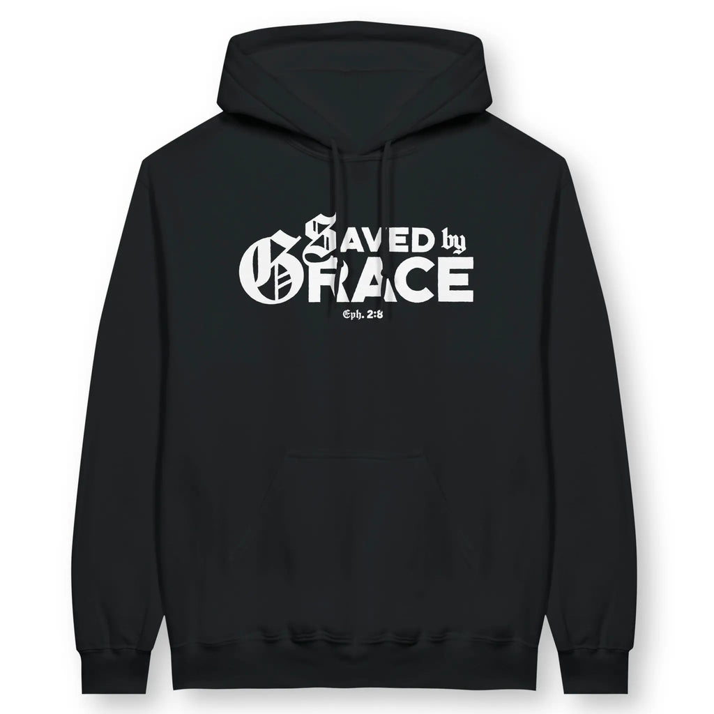 Saved By Grace (Typographic Mix) – Unisex Christian Hoodie designed by 3rd Day Christian Clothing.