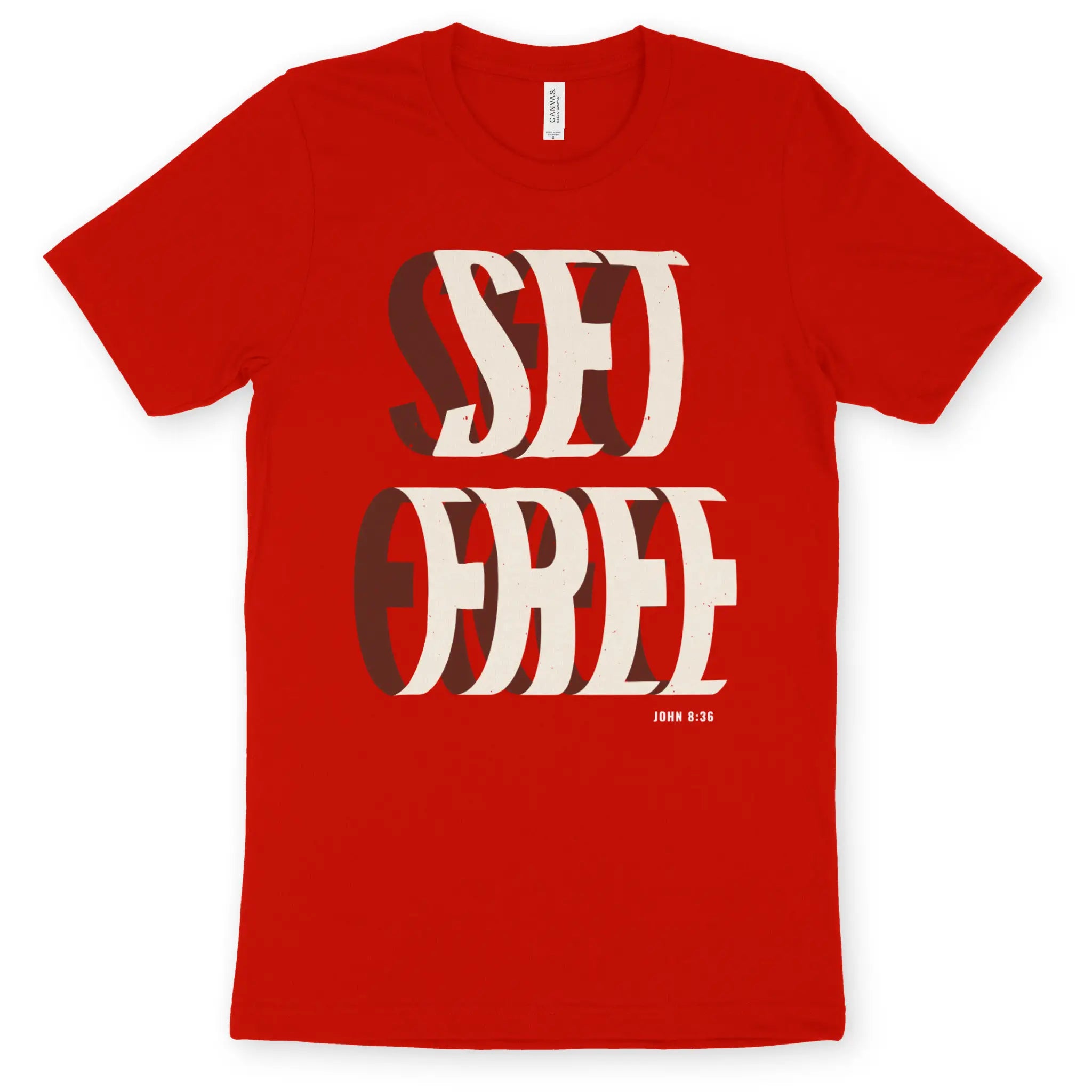 SET FREE (John 8:36, Red) – Unisex Christian T-Shirt designed by 3rd Day Christian Clothing.