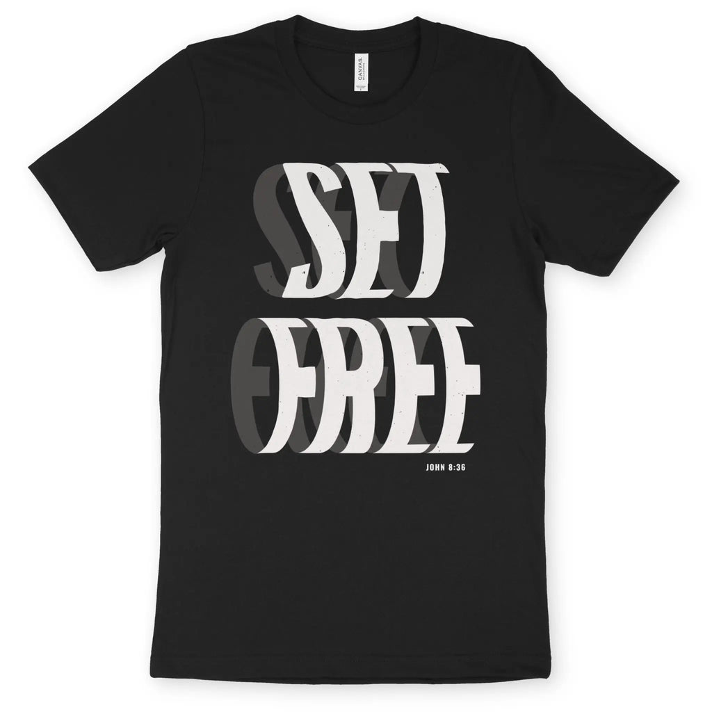 SET FREE (John 8:36, Black) – Unisex Christian T-Shirt designed by 3rd Day Christian Clothing.