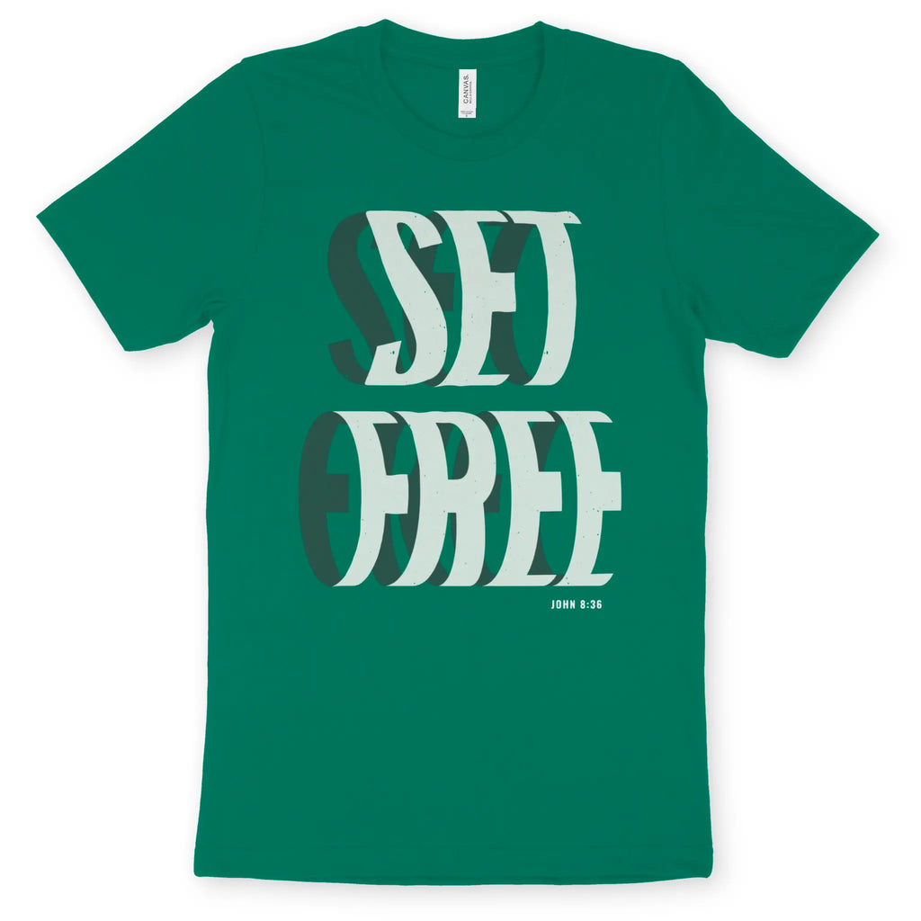 SET FREE (John 8:36, Green) – Unisex Christian T-Shirt designed by 3rd Day Christian Clothing.