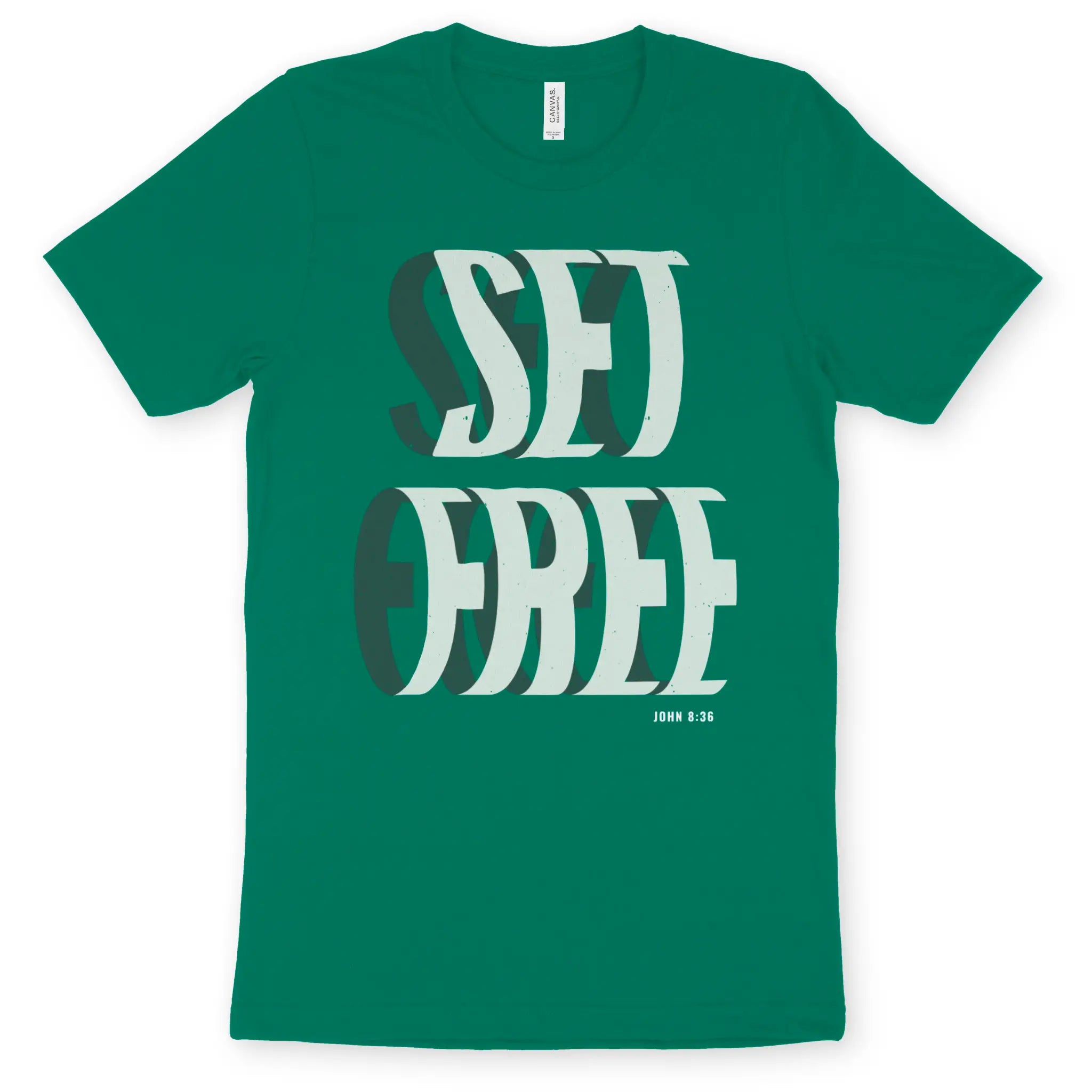 SET FREE (John 8:36, Green) – Unisex Christian T-Shirt designed by 3rd Day Christian Clothing.