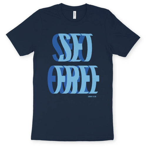 SET FREE (John 8:36, Navy) – Unisex Christian T-Shirt designed by 3rd Day Christian Clothing.