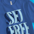 SET FREE (John 8:36, Blue) – Unisex Christian T-Shirt designed by 3rd Day Christian Clothing.