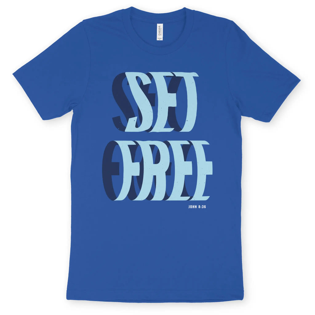 SET FREE (John 8:36, Blue) – Unisex Christian T-Shirt designed by 3rd Day Christian Clothing.