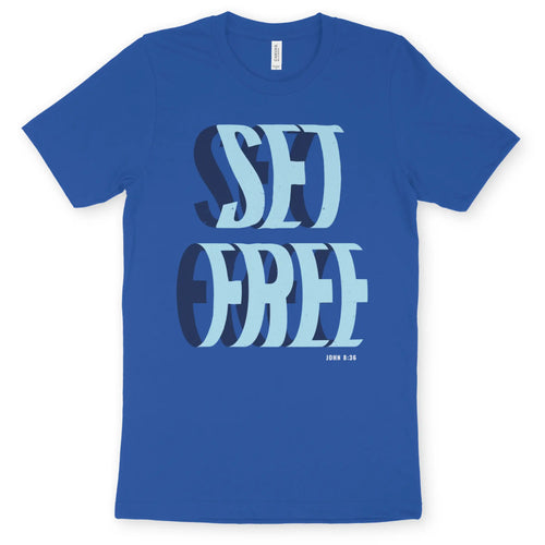 SET FREE (John 8:36, Blue) – Unisex Christian T-Shirt designed by 3rd Day Christian Clothing.