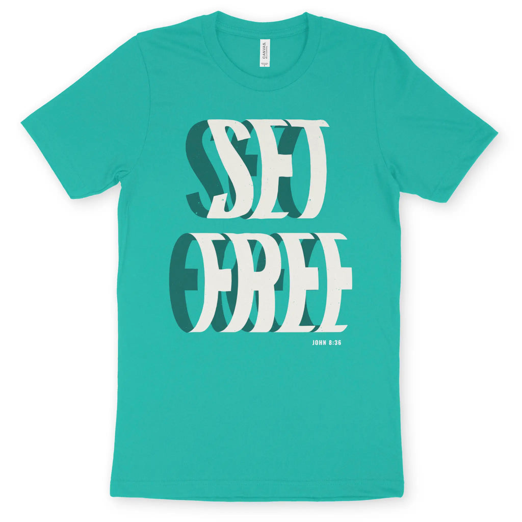 SET FREE (John 8:36, Teal) – Unisex Christian T-Shirt designed by 3rd Day Christian Clothing.