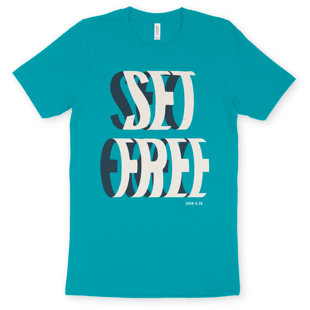 SET FREE (John 8:36) Turquoise – Unisex Christian T-Shirt designed by 3rd Day Christian Clothing.