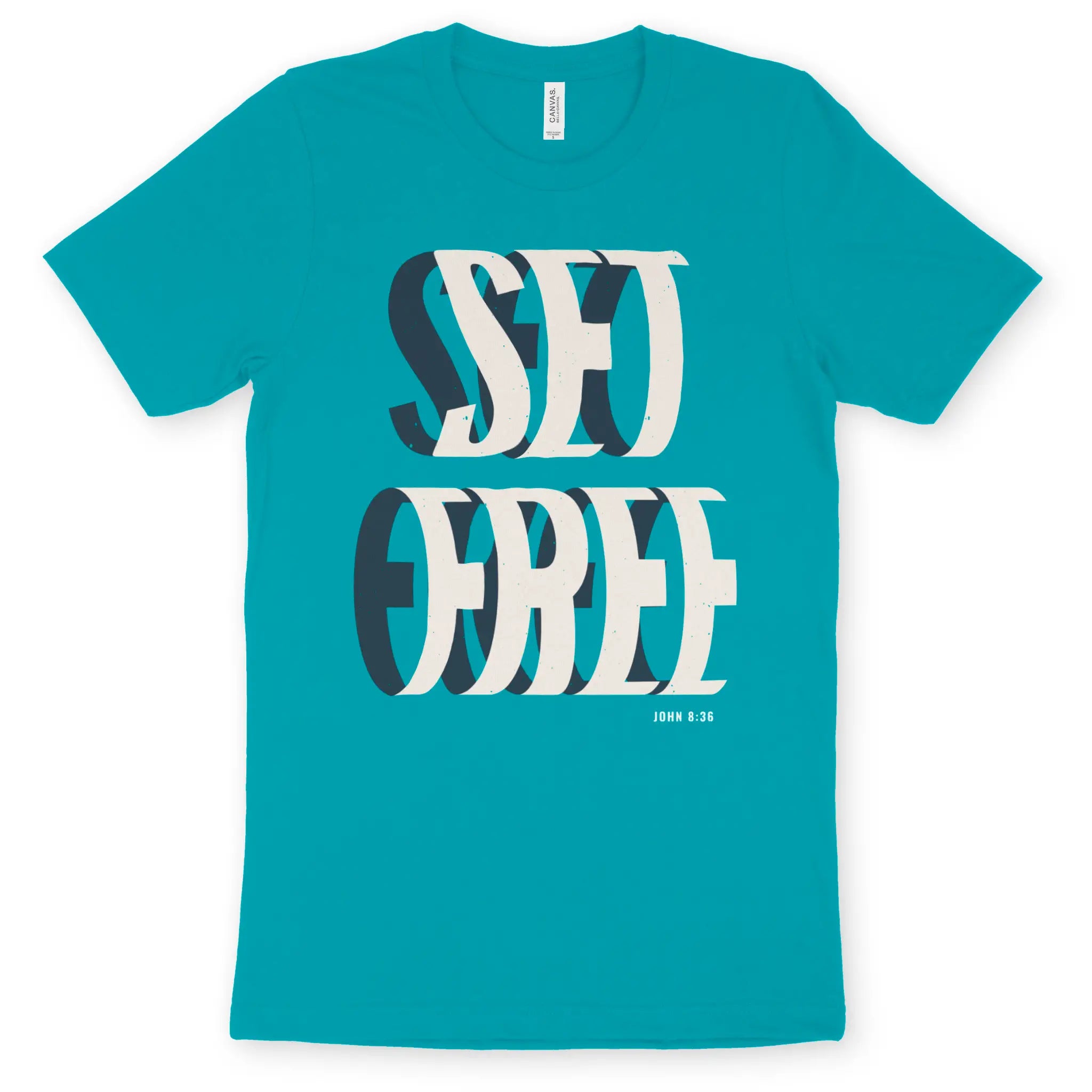 SET FREE (John 8:36) Turquoise – Unisex Christian T-Shirt designed by 3rd Day Christian Clothing.
