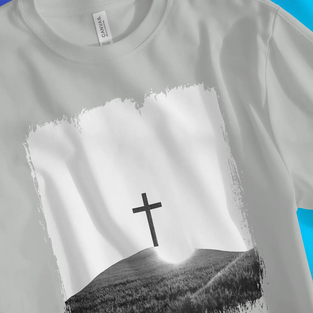 The Cross On A Hill (Silver) – Unisex Christian T-Shirt designed by 3rd Day Christian Clothing.