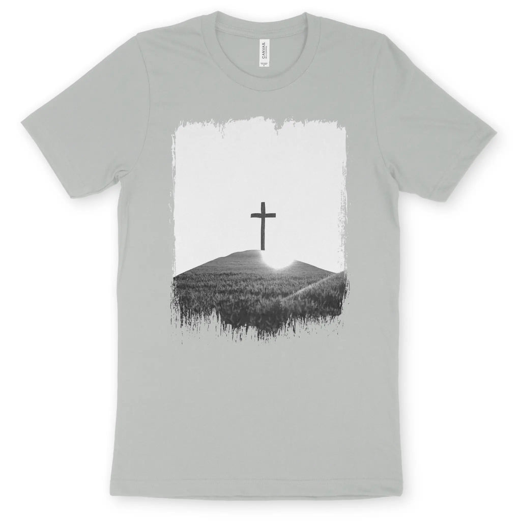 The Cross On A Hill (Silver) – Unisex Christian T-Shirt designed by 3rd Day Christian Clothing.