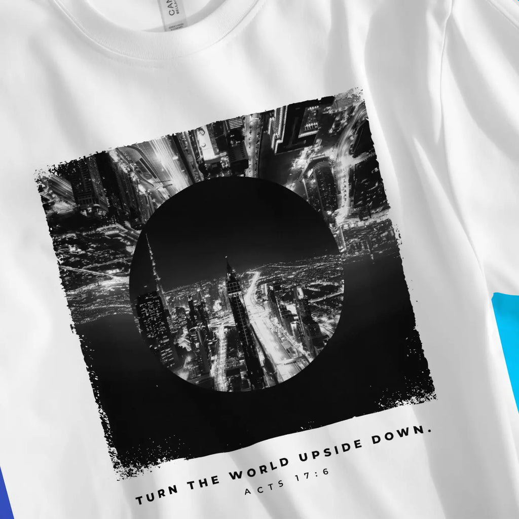 Turn The World Upside Down 2.0 – Unisex Christian T-Shirt designed by 3rd Day Christian Clothing.