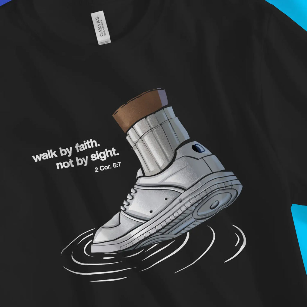 Walk By Faith (2 Cor. 5:7) – Unisex Christian T-Shirt designed by 3rd Day Christian Clothing.