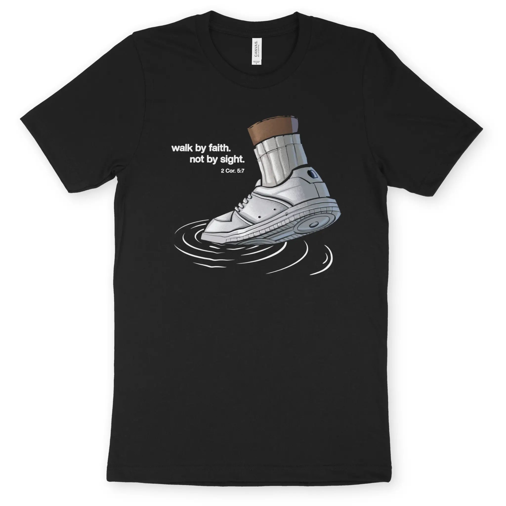 Walk By Faith (2 Cor. 5:7) – Unisex Christian T-Shirt designed by 3rd Day Christian Clothing.